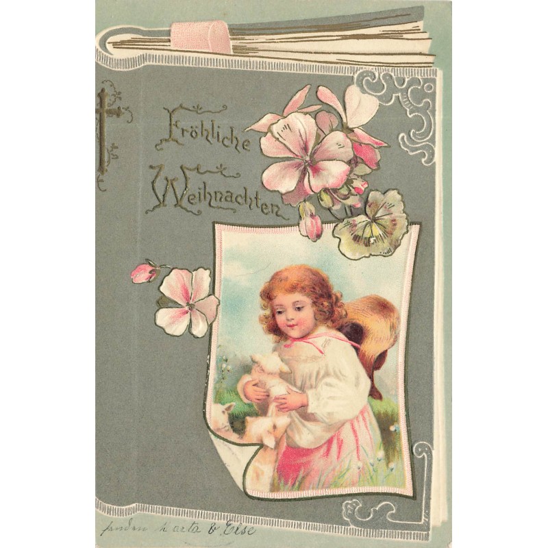 n°30726 - Carte Gaufrée - Clapsaddle - Fröhliche Weihnachten - Fillette et agneau sous forme de livre, fleurs