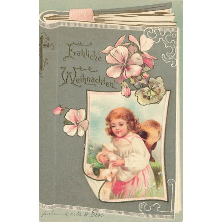 n°30726 - Carte Gaufrée - Clapsaddle - Fröhliche Weihnachten - Fillette et agneau sous forme de livre, fleurs