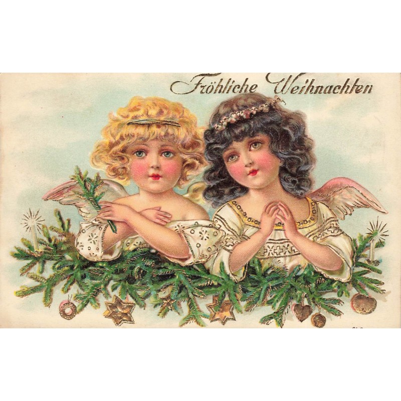 n°30728 - Carte Gaufrée - Fröhliche Weihnachten - Deux Anges Chérubins et Branche de Sapin Décorée