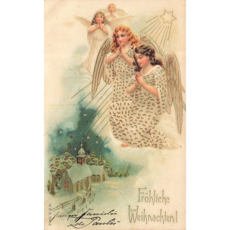 n°30729 - Carte Gaufrée - Fröhliche Weihnachten - MSIB 12966 - Anges en prière, étoile et église sous la neige