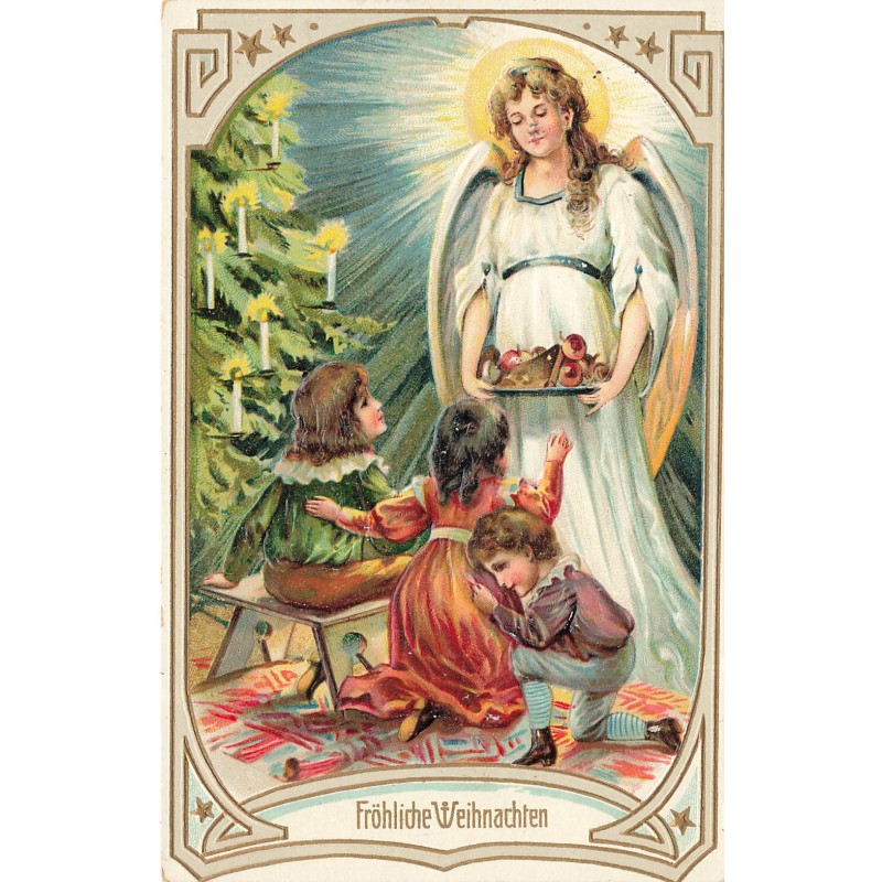 n°30730 - Carte Gaufrée - Fröhliche Weihnachten - Ange de Noël offrant des présents aux enfants devant le sapin