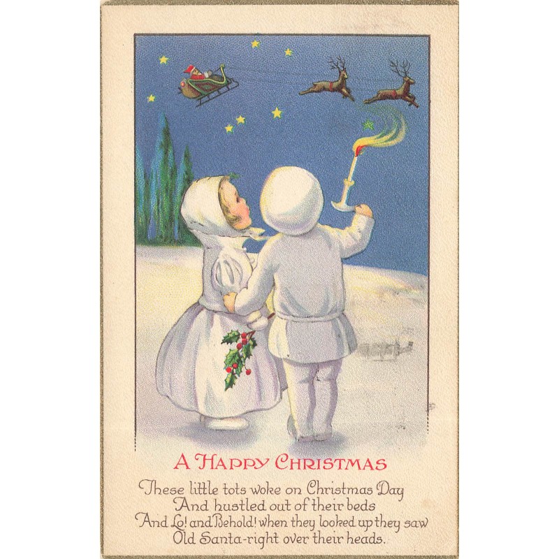 n°30732 - Noël - A Happy Christmas - Enfants en habits d'hiver regardant le Père Noël et ses rennes dans le ciel