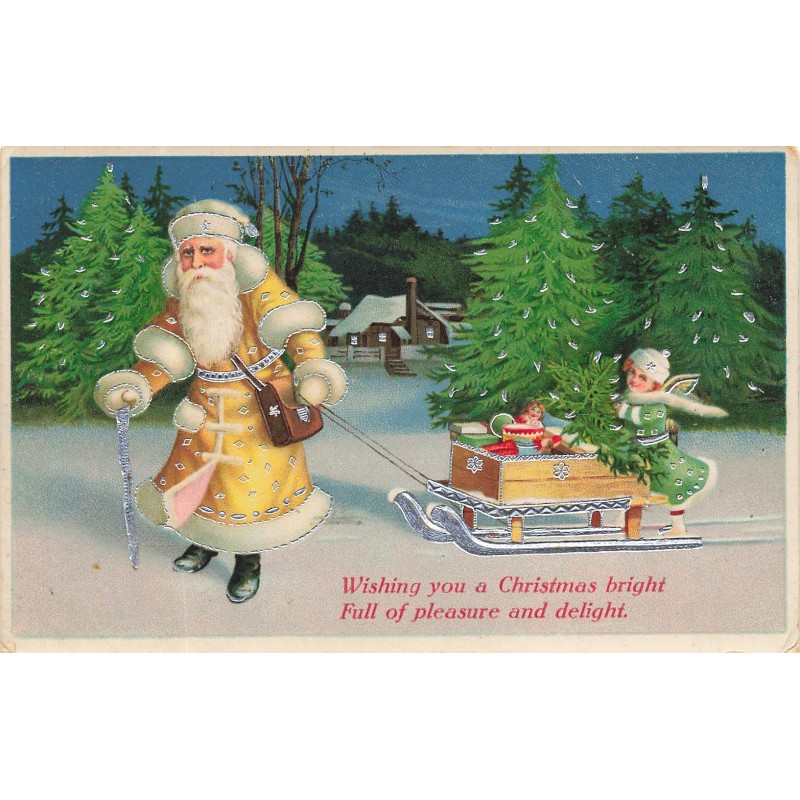 n°30733 - Père Noël en habit jaune tirant un traîneau de jouets - Wishing you a Christmas bright -Angelot