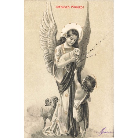n°30734 - Joyeuses Pâques - Ange à l'agneau et Saint Jean-Baptiste enfant - Mouton