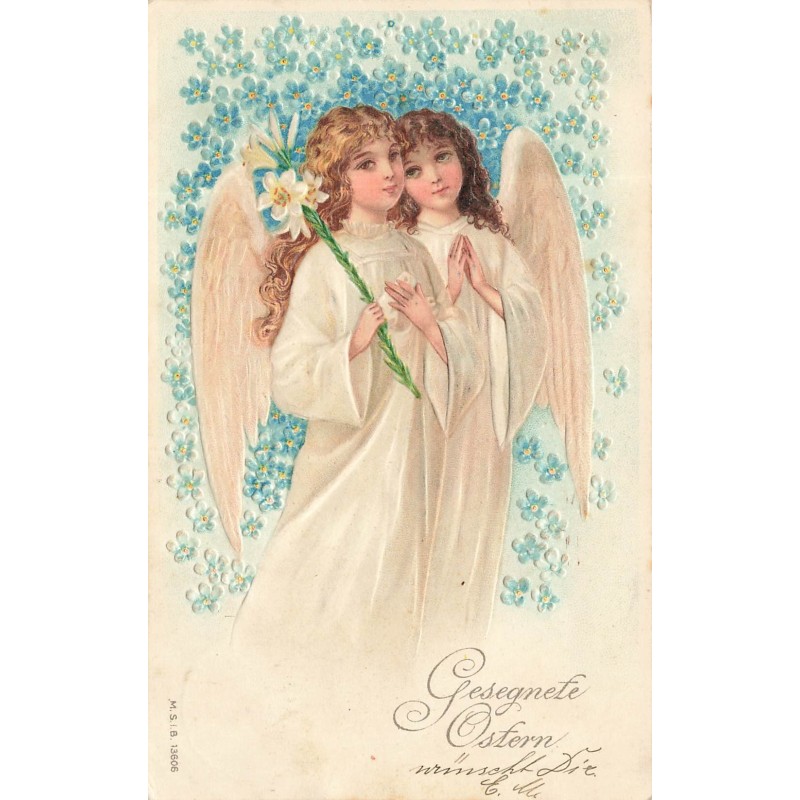 n°30738 - Carte Gaufrée - Gesegnete Ostern - MSIB 13606 - Deux Anges au Lys et Myosotis