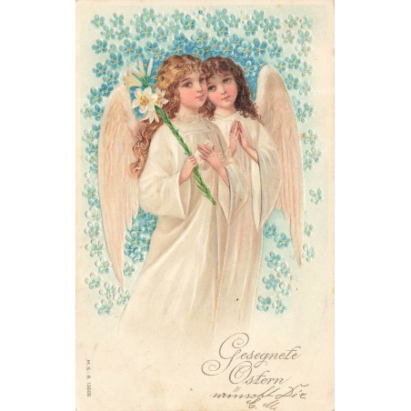n°30738 - Carte Gaufrée - Gesegnete Ostern - MSIB 13606 - Deux Anges au Lys et Myosotis