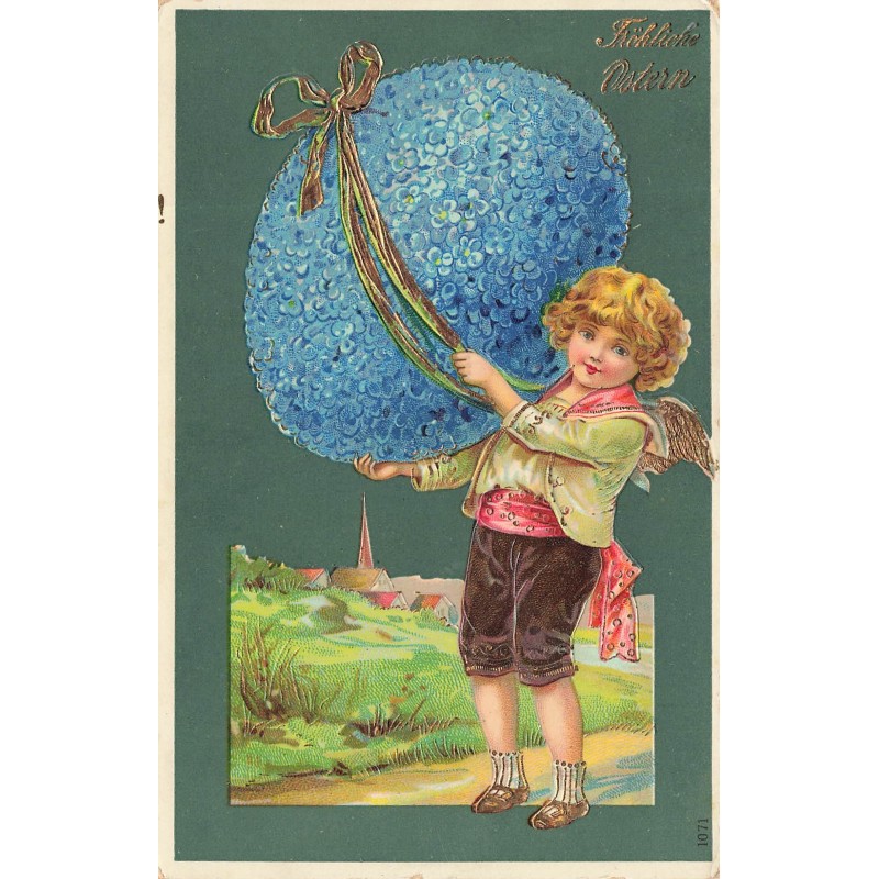 n°30740 - Carte Gaufrée - Fröhliche Ostern - Ange portant un Åuf géant de fleurs