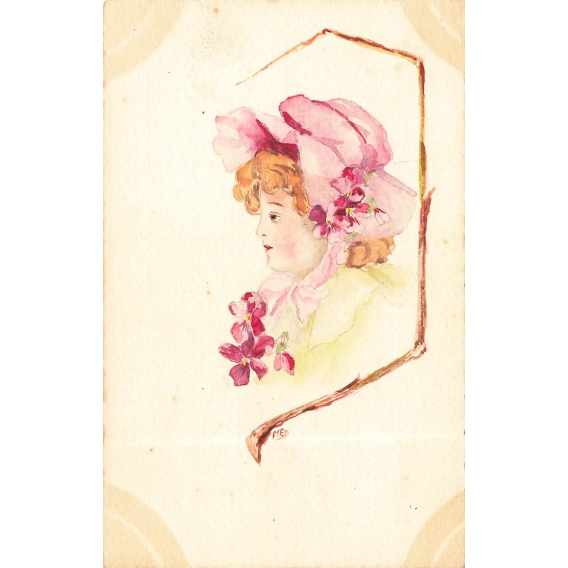 n°30742 - Carte peinte à la main - Illustrateur MED - Fillette au grand chapeau rose et fleurs