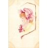 n°30742 - Carte peinte à la main - Illustrateur MED - Fillette au grand chapeau rose et fleurs