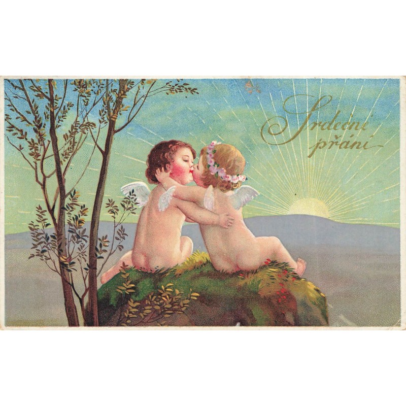 n°30744 - Fantaisie - Deux angelots s'embrassant au lever du soleil - Voeux Srdecné prÃ¡nÃ­