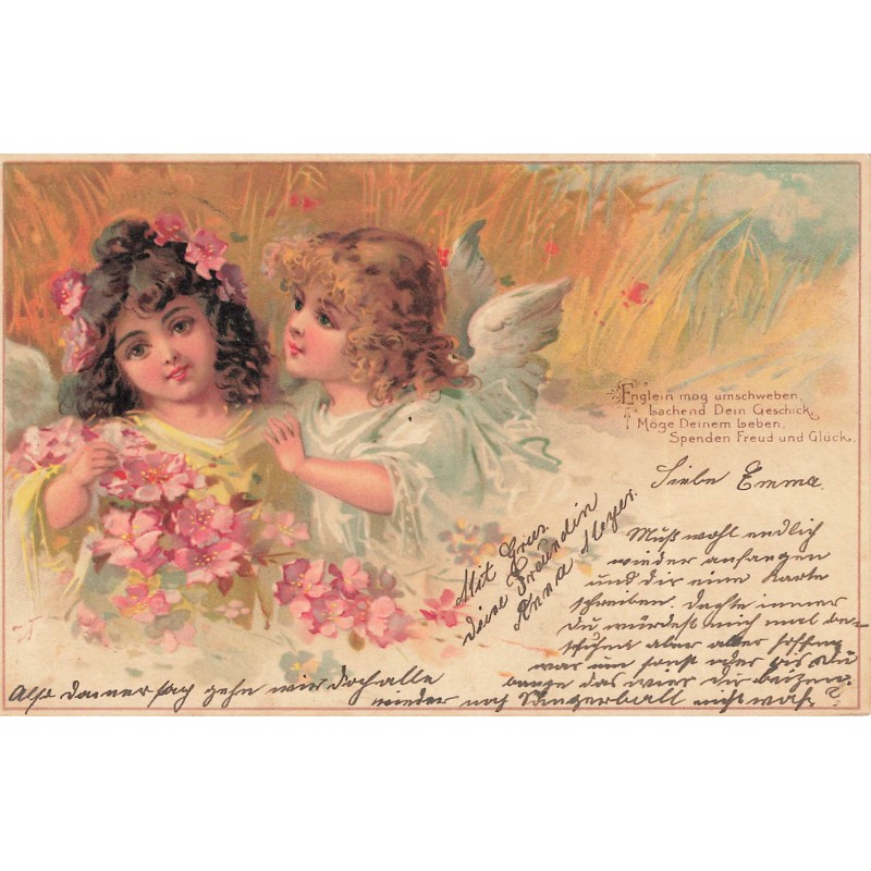 n°30745 - Fantaisie - Deux Chérubins Anges aux fleurs et Poème - Englein mög umschweben