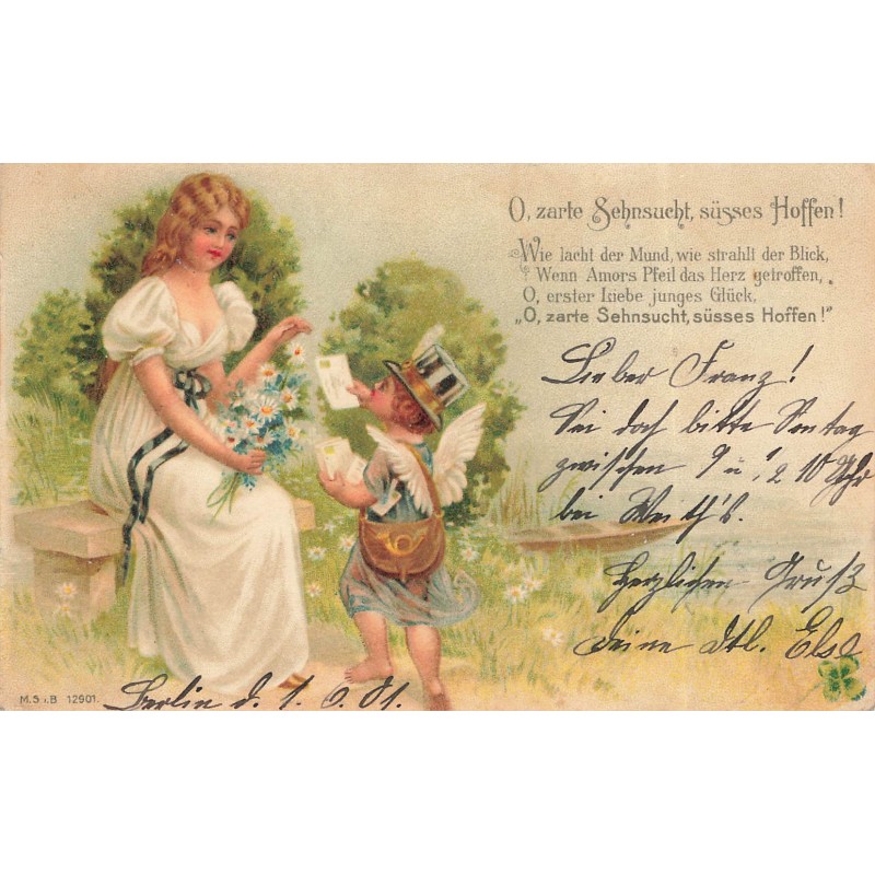 n°30746 - Fantaisie - MSIB 13901 - Cupidon facteur remettant une lettre à une jeune femme - Poème romantique allemand