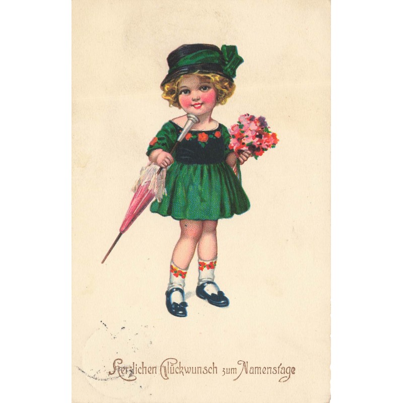 n°30747 - Carte Gaufrée - Fantaisie - Fillette à l'ombrelle et bouquet de fleurs