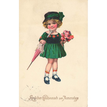 n°30747 - Carte Gaufrée - Fantaisie - Fillette à l'ombrelle et bouquet de fleurs