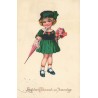 n°30747 - Carte Gaufrée - Fantaisie - Fillette à l'ombrelle et bouquet de fleurs
