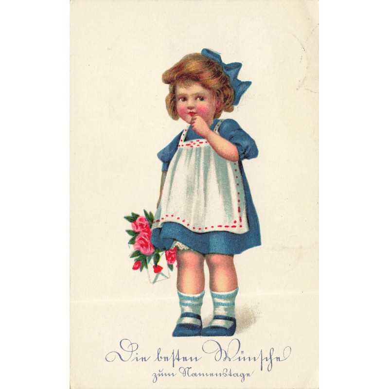 n°30748 - Fantaisie - Fillette au bouquet de roses et tablier - Die besten Wünsche zum Namenstage