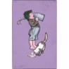 n°30760 - Garçon buvant au bidon de lait et chat lapant - Humour et Enfants