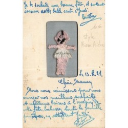 n°30762 - Carte brodée - Style Hiam Aiche - Porte-bonheur et fétiche - Chat noir, Trèfle, Cochon, Fer à cheval