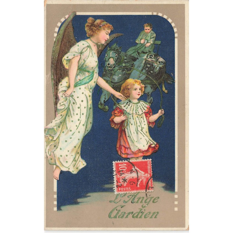 n°30763 - Carte Gaufrée - L'Ange Gardien veillant sur une fillette à la corde à sauter