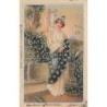 n°30765 - Carte Gaufrée - Femme à l'amphore à la fontaine - Rehauts argentés aluminium
