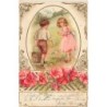 n°30768 - Carte Gaufrée - Stroefer's - Enfants, garçon au seau et fillette - Fleurs de géranium