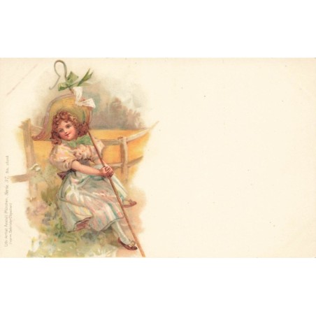 n°30769 - Jeune fille au grand chapeau et bâton assise près d'une barrière - Lith.-Artist. Anstalt München
