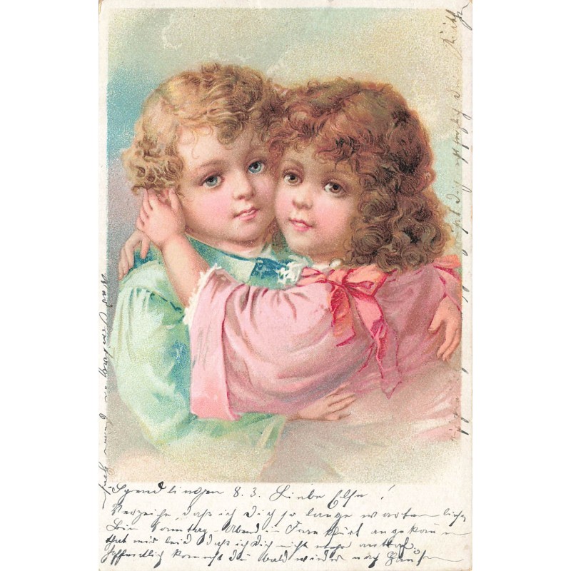 n°30771 - Deux jeunes enfants enlacés - Tendresse fraternelle - Illustration enfantine
