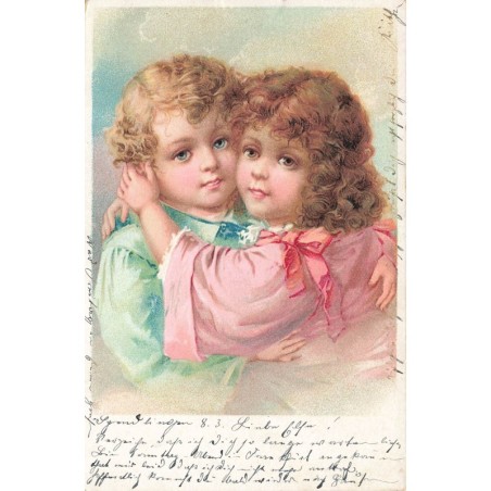 n°30771 - Deux jeunes enfants enlacés - Tendresse fraternelle - Illustration enfantine