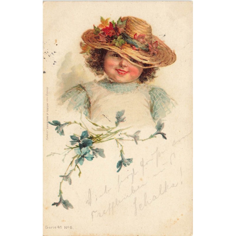 n°30773 - Fillette au chapeau de paille et fleurs bleues - Wezel & Naumann Leipzig Série 41 N°6