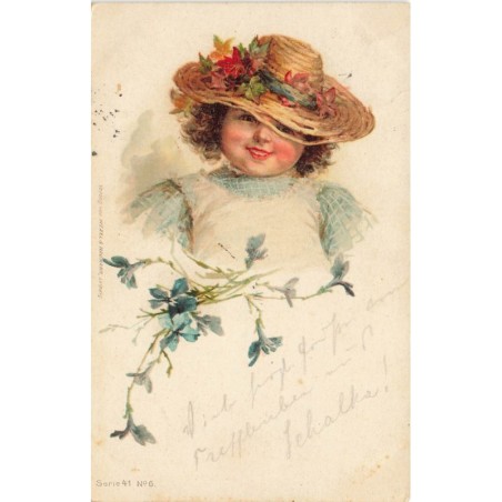 n°30773 - Fillette au chapeau de paille et fleurs bleues - Wezel & Naumann Leipzig Série 41 N°6