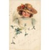 n°30773 - Fillette au chapeau de paille et fleurs bleues - Wezel & Naumann Leipzig Série 41 N°6