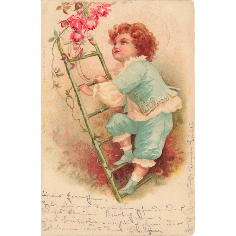 n°30774 - Clapsaddle - Enfant en costume bleu montant à une échelle pour cueillir des roses