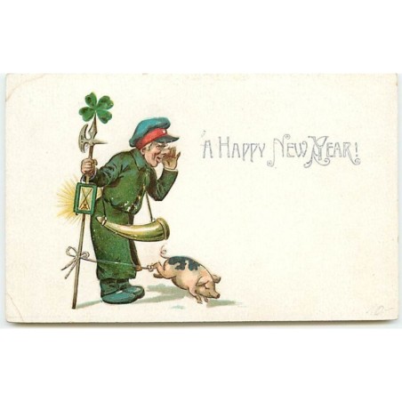 n°14025- Carte Gaufrée - A Happy New Year - Veilleur de nuit avec un cochon