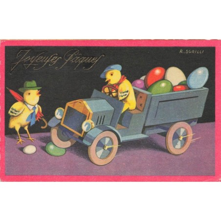 n°30778 - Carte Gaufrée - Joyeuses Pâques - R. Sgrilli - Poussins en camionnette et oeufs - GM n° 2386