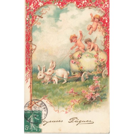 n°30779 - Carte Gaufrée - Joyeuses Pâques - Anges et lapins tirant un oeuf fleuri