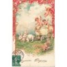 n°30779 - Carte Gaufrée - Joyeuses Pâques - Anges et lapins tirant un oeuf fleuri