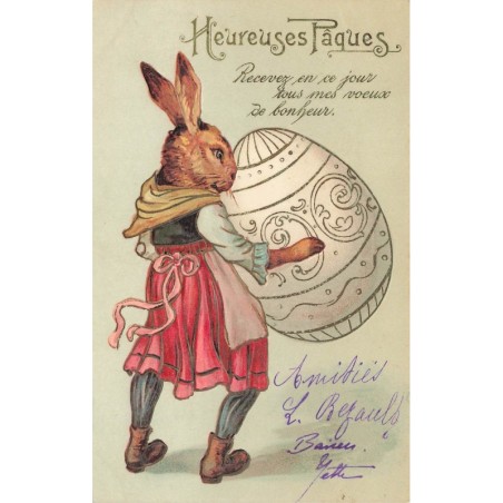 n°30781 - Carte Gaufrée - Heureuses Pâques - Lapin habillé décorant un oeuf
