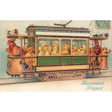 n°30782 - Carte Gaufrée - Heureuses Pâques - Poussins et Coq dans un Tramway -