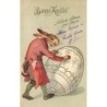 n°30783 - Carte Gaufrée - Pâques - Lapin en redingote poussant un oeuf décoré - Bonne Amitié