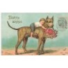 n°30785 - Carte Gaufrée -Bonne Année - Enfant allongé sur un grand chien au panier de fleurs