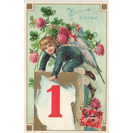 n°30787 - Carte Gaufrée - Bonne Année - Enfant et Trèfles porte-bonheur sur calendrier du 1er Janvier