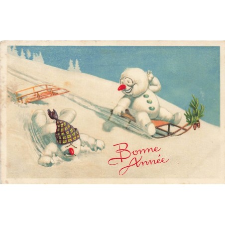 n°30789 - Carte Gaufrée - Bonne Année - Bonhommes de neige en luge et glissade d'hiver