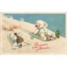 n°30789 - Carte Gaufrée - Bonne Année - Bonhommes de neige en luge et glissade d'hiver