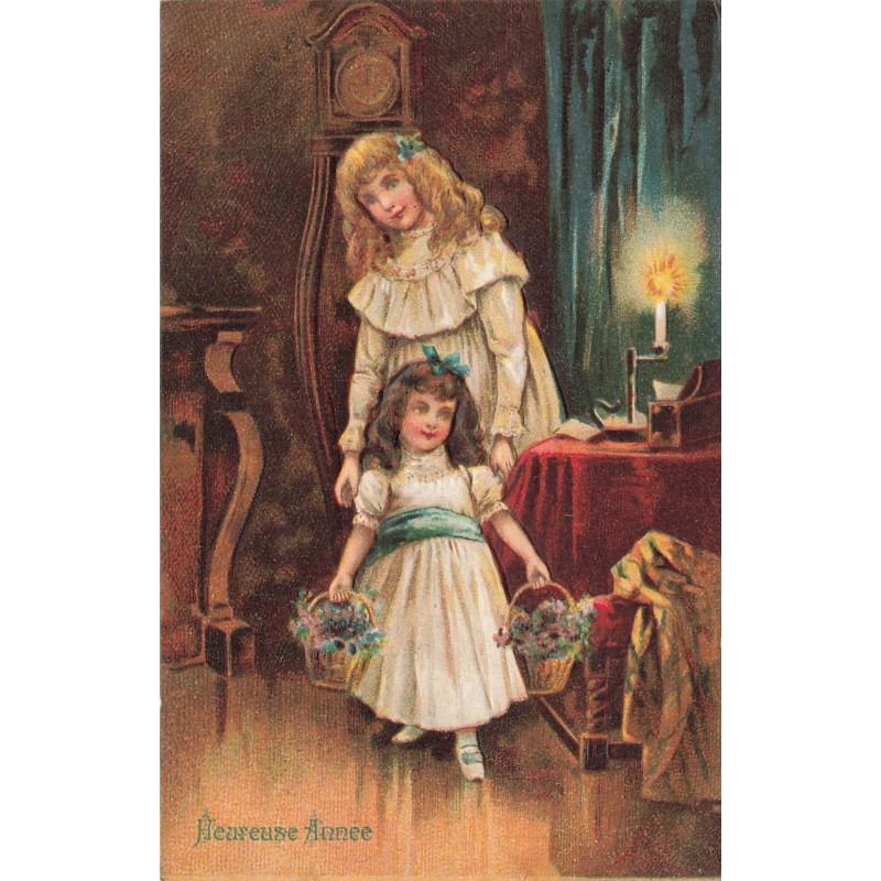 n°30791 - Carte Gaufrée - Heureuse Année - Deux fillettes aux paniers de fleurs