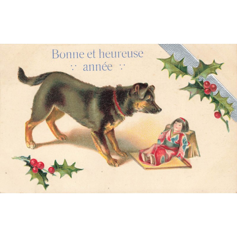 n°30792 - Carte Gaufrée - Chien et poupée japonaise - Houx - Bonne et heureuse année