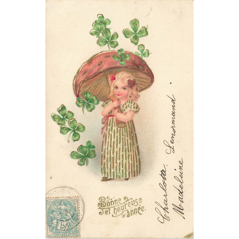 n°30793 - Carte Gaufrée - Fillette sous un champignon et trèfles porte-bonheur - Bonne et heureuse année