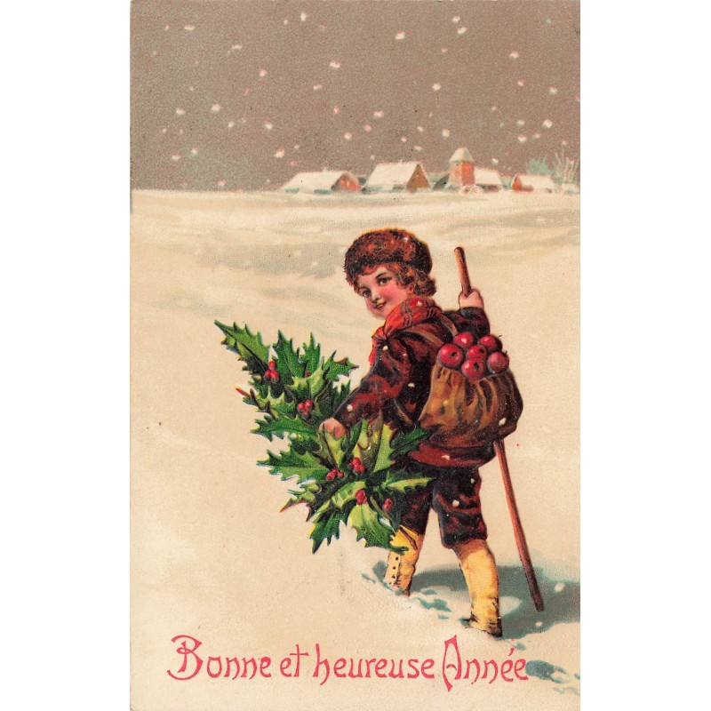 n°30794 - Carte Gaufrée - Garçonnet dans la neige avec branche de houx et pommes - Bonne et heureuse Année