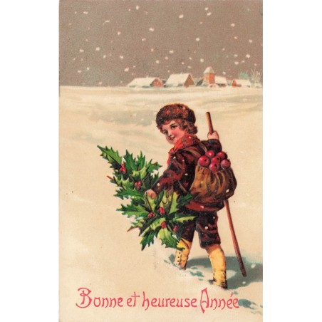 n°30794 - Carte Gaufrée - Garçonnet dans la neige avec branche de houx et pommes - Bonne et heureuse Année