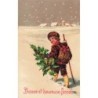n°30794 - Carte Gaufrée - Garçonnet dans la neige avec branche de houx et pommes - Bonne et heureuse Année