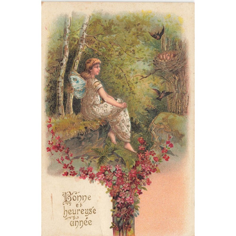 n°30795 - Carte Gaufrée - Bonne et Heureuse Année - Fée en forêt et fleurs